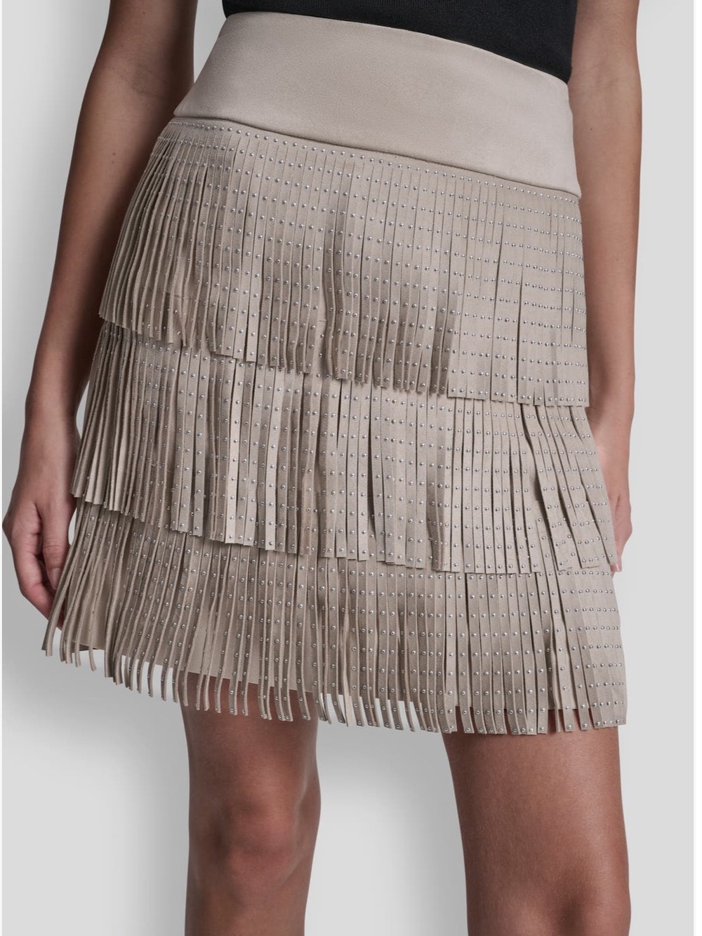 DKNY Studded Fringe Taupe Beige Tiered Faux Suede Mini Skirt Edgy - Picture 4 of 8